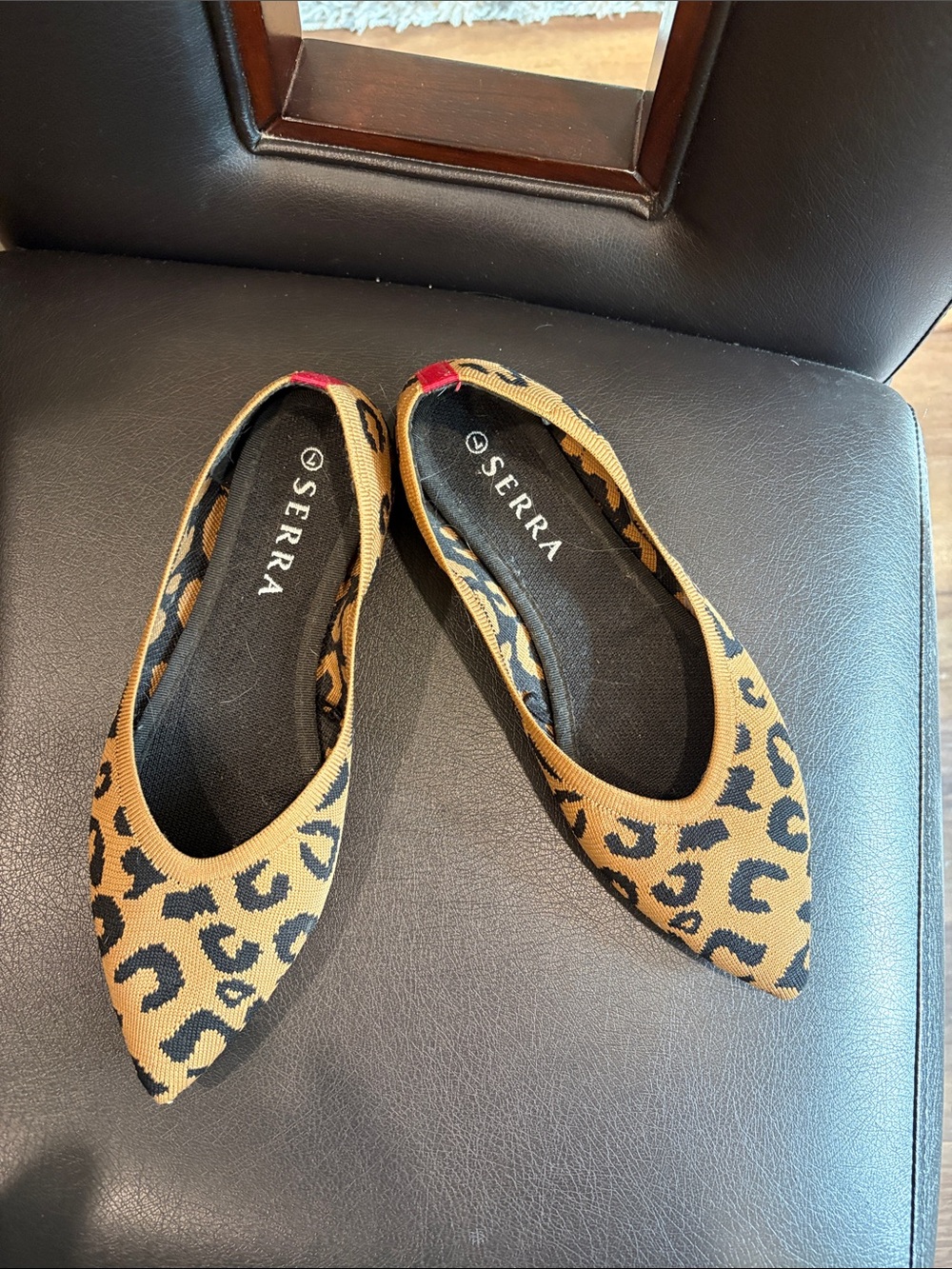 Serra Leopard-Print Pointed Ballet Flats in Tan, Black with Red Accent